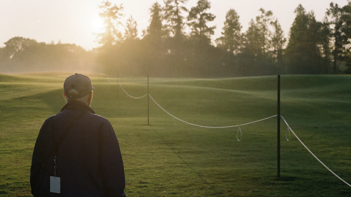 A tournament volunteer stands alone at the gallery rope line at first light, looking down an empty fairway