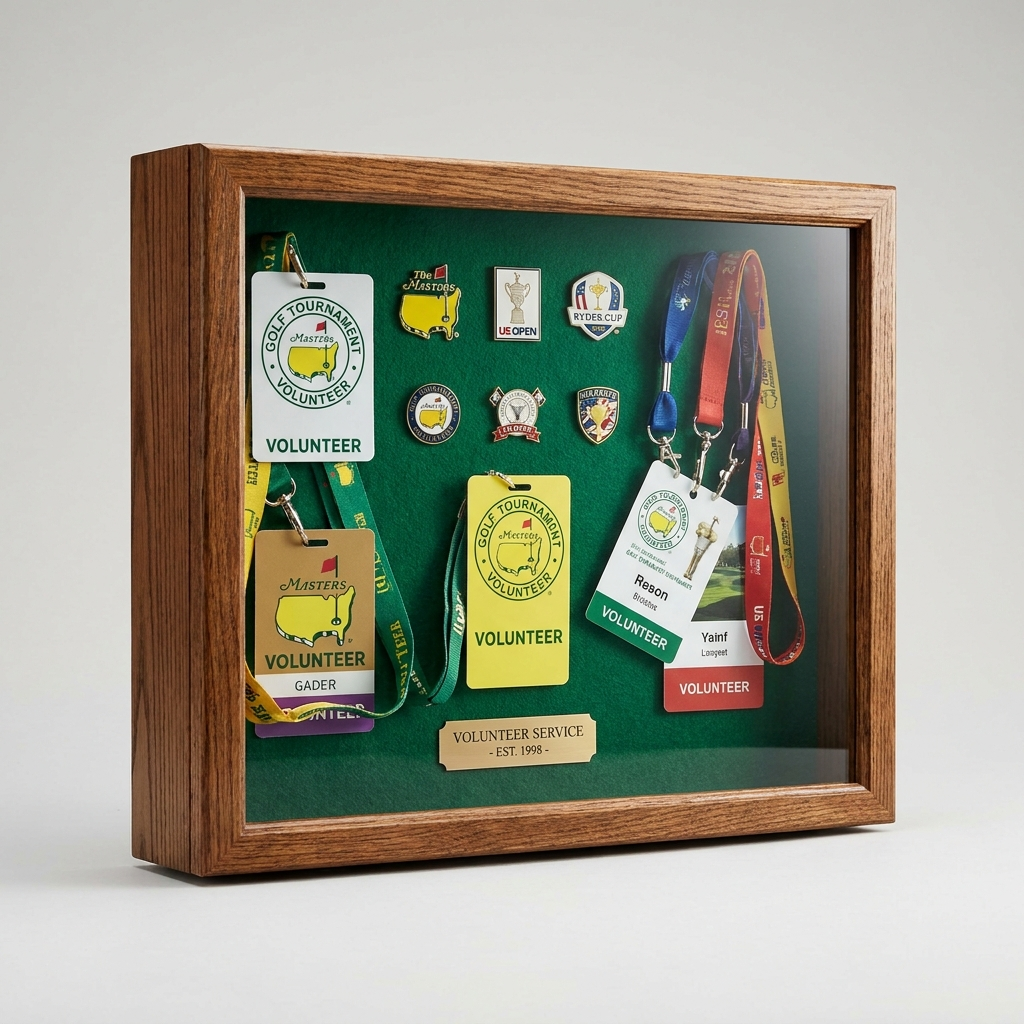 Oak display case with green felt filled with golf volunteer badges, pins and a brass nameplate - The Volunteer Legacy