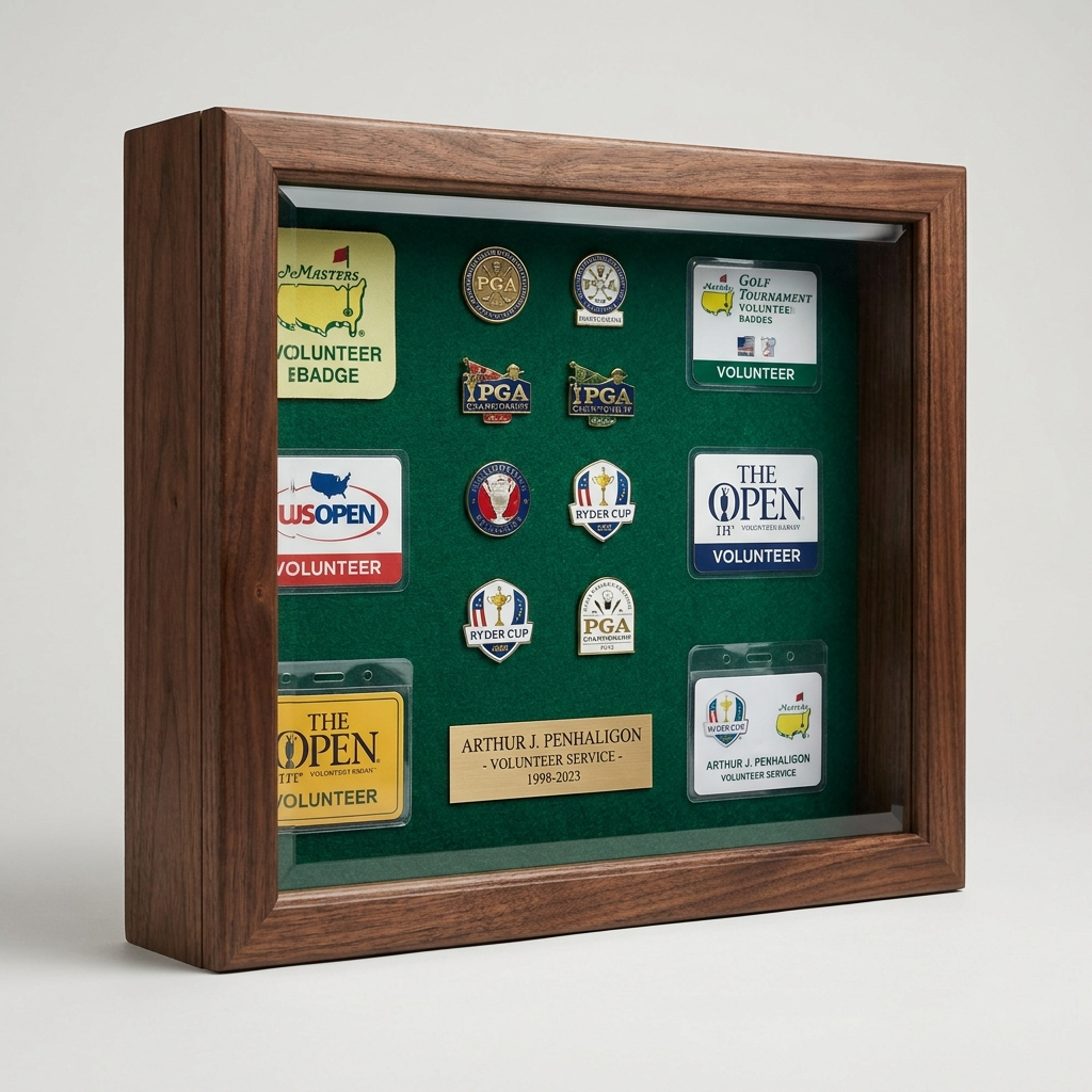Walnut display case with green felt and golf volunteer badges and pins - The Service Showcase