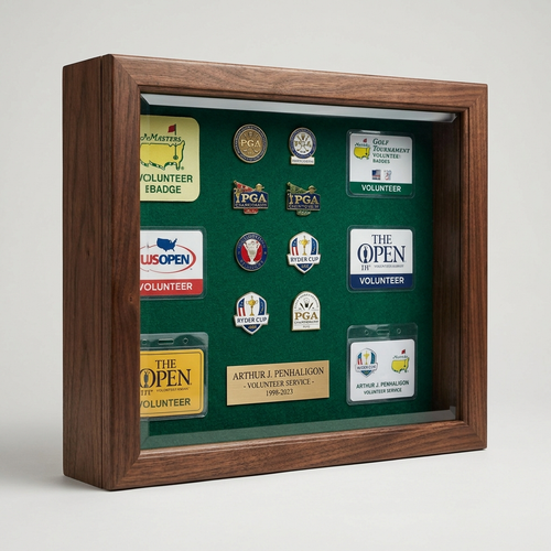 Walnut display case with green felt and golf volunteer badges and pins - The Service Showcase
