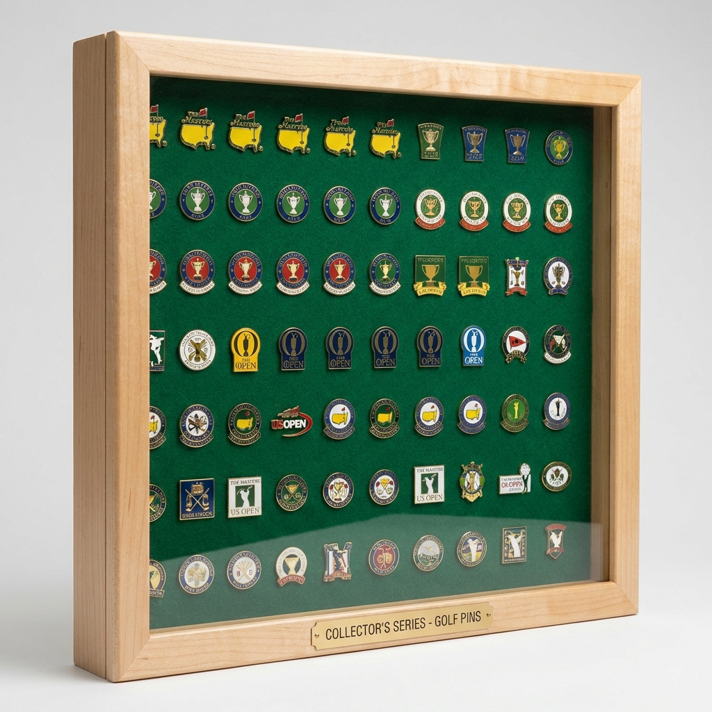 Maple display case filled with rows of colorful golf tournament pins - The Pin Collector