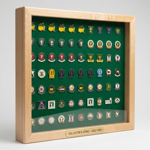 Maple display case filled with rows of colorful golf tournament pins - The Pin Collector