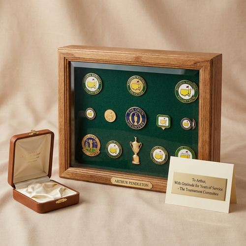 Oak retirement gift display case with golf volunteer memorabilia and gift box - The Retirement Honor
