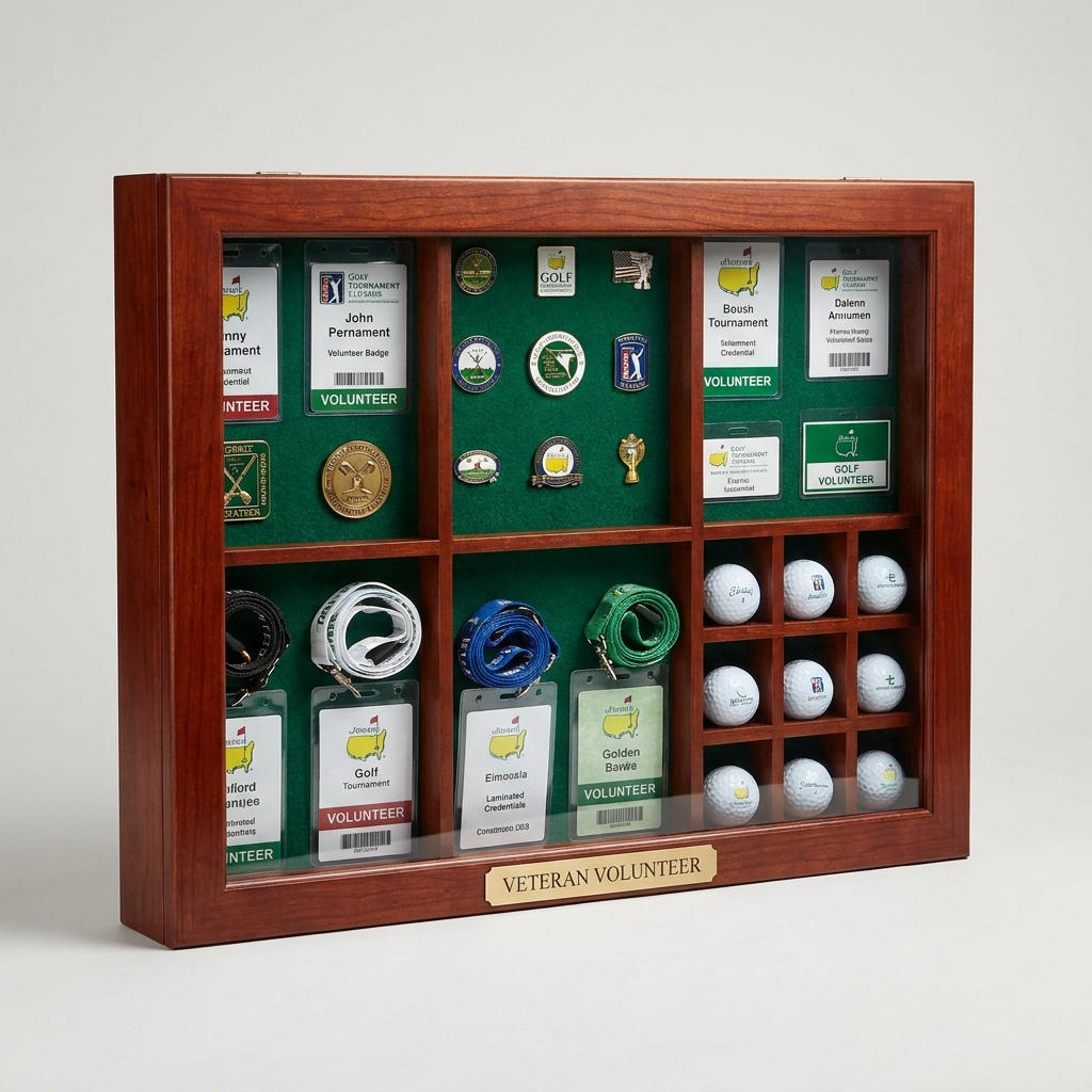 Large cherry display case with golf volunteer badges, pins and golf balls - The Tournament Gallery